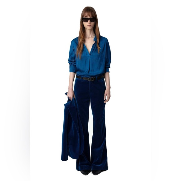 ZADIG & VOLTAIRE Defile Prevy Velvet Pants in Blue Flared Bottoms Size 34 FR NWT